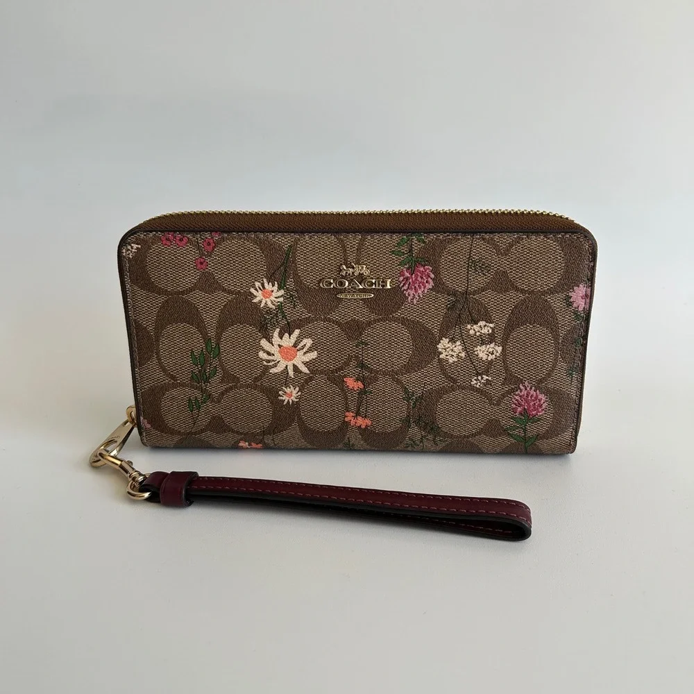 Coach Accordion Wildflower Tan Signature Canvas Wristlet Wallet Excellent